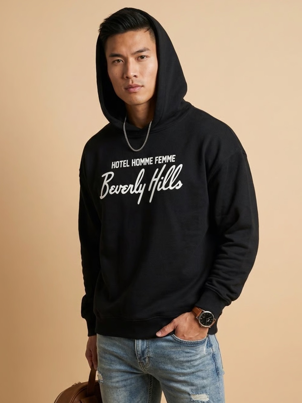 HOMME + FEMME | Black BEVERLY HILLS Hoodie Sweatshirt Sz L